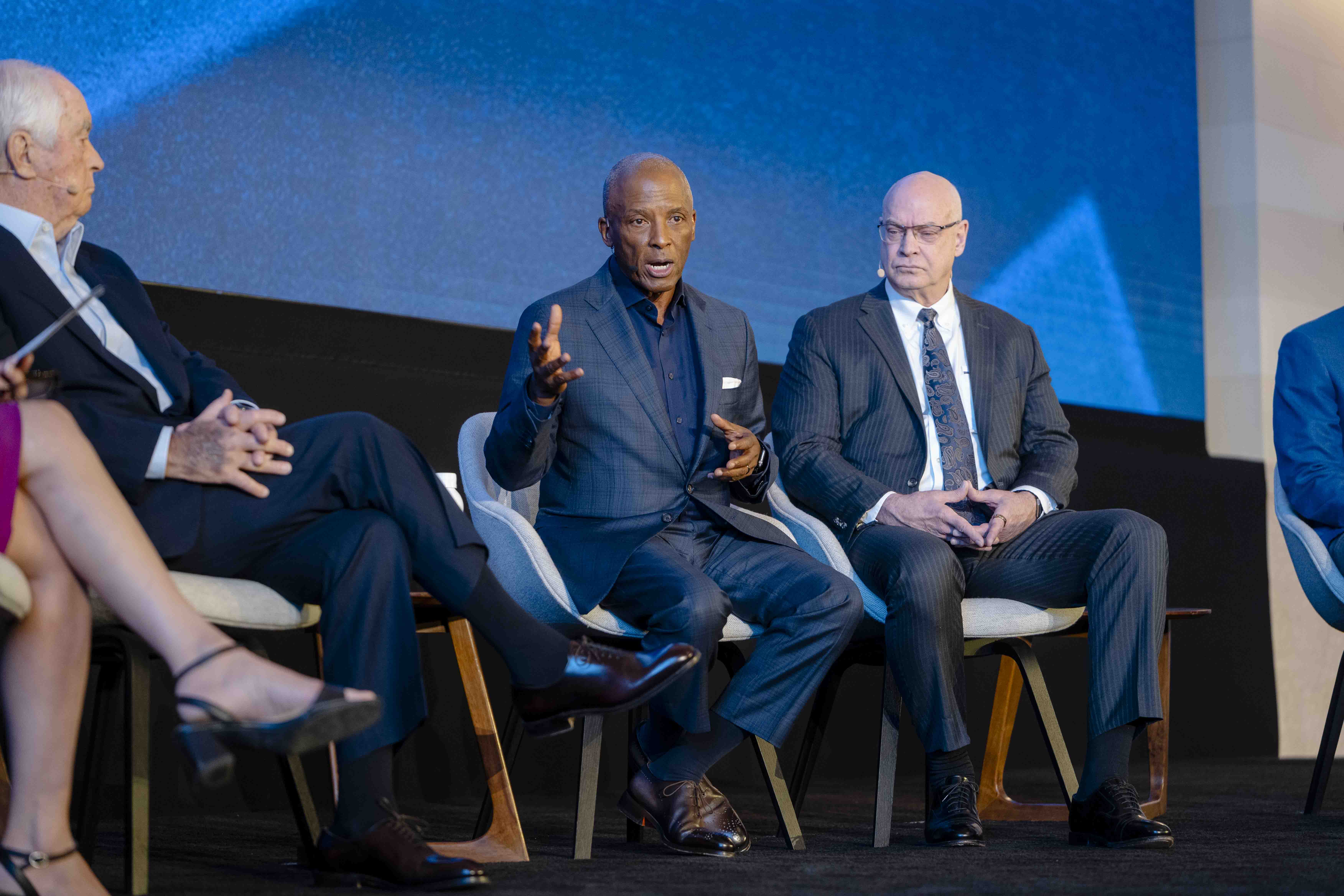 Chairman, President, and CEO of Southern Company Chris Womack and  David Burritt, President and CEO of US Steel, on stage at the Ford Pro Accelerate event.